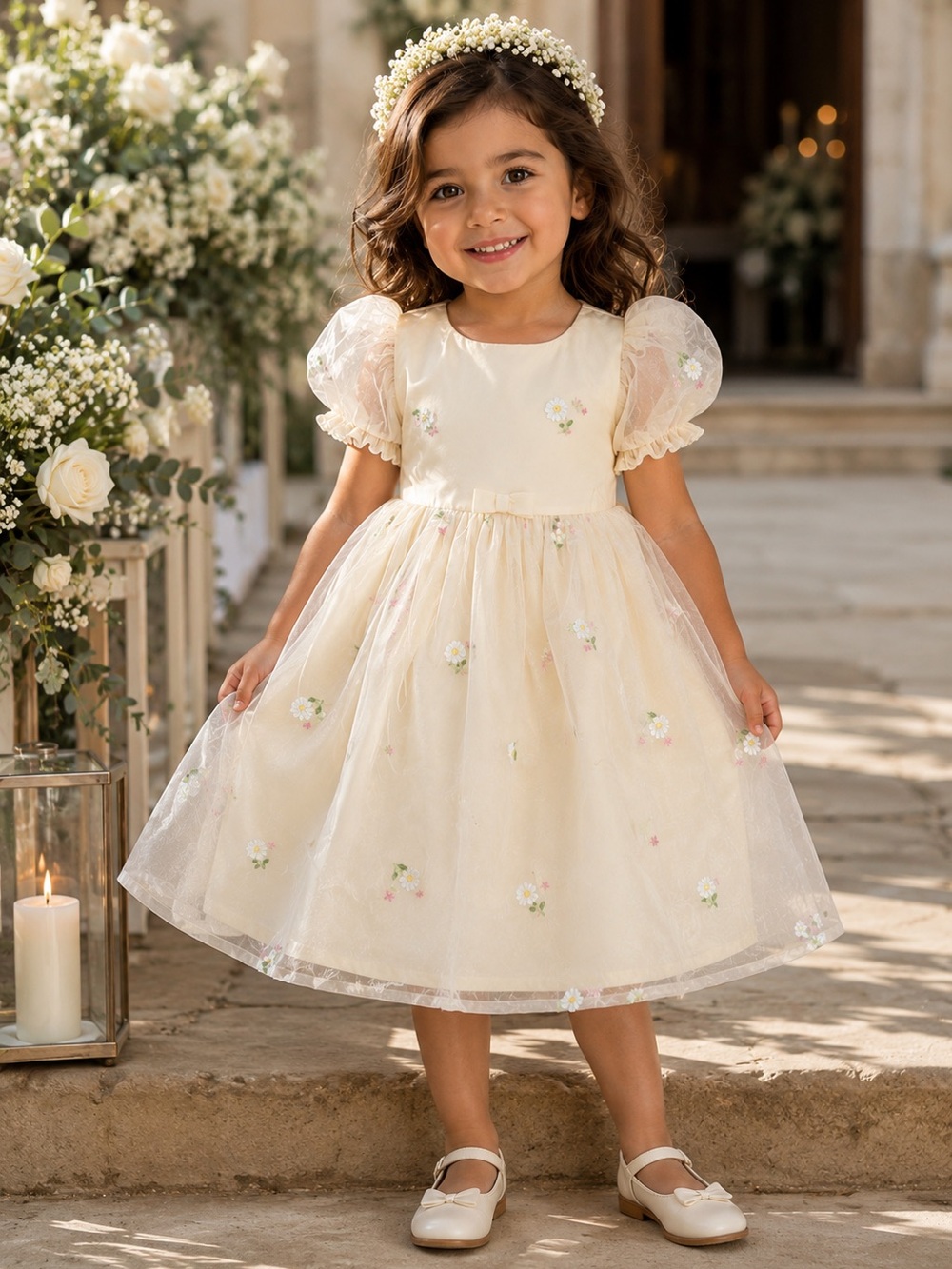 4T - AUDREY CAMILLE - light yellow  Floral embroidered Tulle Flower Girl Dress